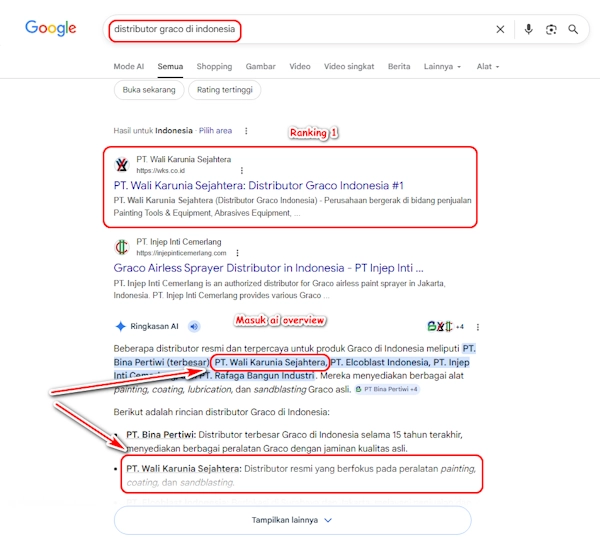 Halaman 1 Google plus AI Overview hasil optimasi klien SQR Digital