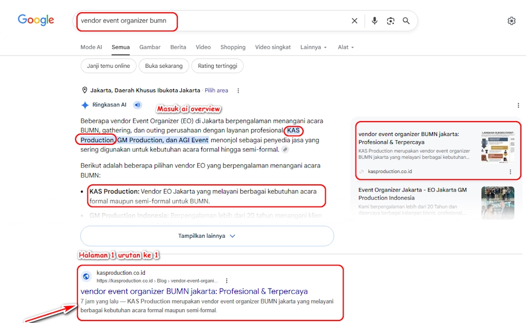 Page 1 Google dalam 7 jam untuk website berumur 5 hari